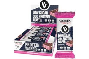 VITALDIN SPORT Low Sugar 30% Protein Wafer Fragola – 12 Barrette Proteiche x40 gr – Cioccolato Fondente – Lo Snack Perfetto Per I Tuoi Allenamenti - Merendine Ricche Di Proteine Vegane