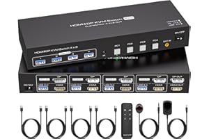 VPFET USB 3.0 DisplayPort HDMI KVM Switch 4 PC 2 Monitor 4K60Hz Switch KVM 4 Computer Condividono 2 Monitor e 4 Porte USB 3.0 Include Adattatore DC12V e 4 Cavi USB3.0