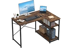 TRIUMPHKEY 100 * 80cm L Shaped Computer Desk with Reversible Large Storage Shelves, Corner Desk Computer Workstation Matching Under Desk Height Adjustable Storage, Home Office Work Table Brown