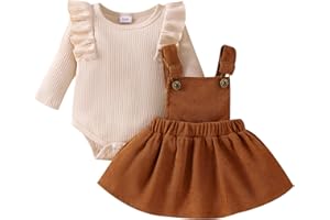 LUVCES Conjunto Faldas para Niñas Recién Nacidas Manga Larga Top con Volantes + Cuadros/Lunares/Pajarita Vestido con Tirantes Otoño Invierno Ropa Trajes