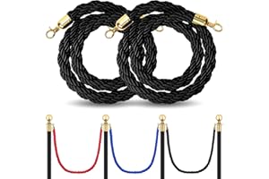 Glarks 2Pcs 5 Feet Hemp Stanchion Ropes, Black Crowd Control Barriers Barrier Ropes with Hooks for Hotel, Concerts, Theater