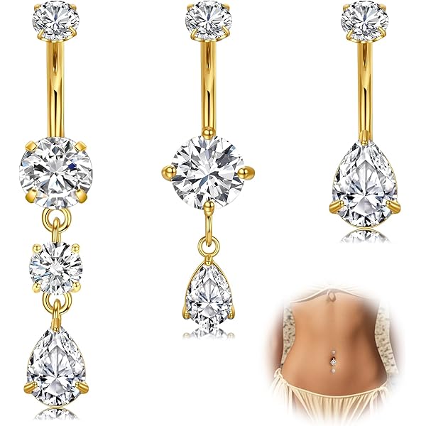 OUFER 14G Gouden bengelende navelstaafje, roestvrij staal, 316L bloem, navelring, heldere markiezen, CZ buikring, hoepel voor vrouwen, 10 mm lichaamspiercing, sieraden, 14G10mm, Roestvrij staal