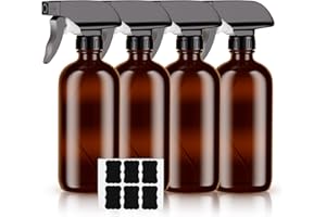 HOTUT Botella de spray de vidrio ámbar, botella de spray de vidrio de 500 ml, 4 piezas, botella de spray de vidrio marrón, juego de ajustes de flujo de niebla con bomba negra