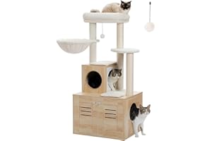 PETEPELA Arbre à Chat en Bois avec bac à litière, Meuble d'intérieur pour Chat Tout-en-Un avec Grande Plateforme et abri, Tour pour Chat de Style Moderne, hamac, 127cm Beige