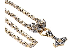 JewelryWe Viking Wolf Head Necklace: Men's Silver Gold Mjolnir Amulet Vintage Norse Nordic Heavy Duty Bold Stainless Steel 24in King Chain Pendant