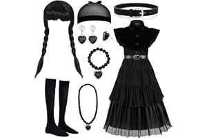 NCKIHRKK Halloweenkostym barn flickor, 8 stycken halloween kostym klänning för flickor med peruk och smyckestillbehör, hallow