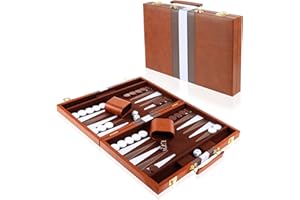 VEHIPA Set de Backgammon pour 2 Joueurs, Valise de Backgammon 15 Pouces avec Accessoires complets, Set de Jeu de Voyage Portable Back-Gammon Voyage pour Adultes (Marron)