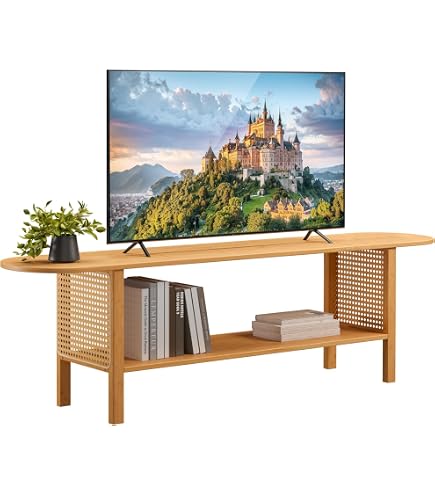 VEVOR Meuble TV Rotin 65 Pouces - Console Bohème Avec Prise Intégrée, USB, Étagères Réglables - Noyer 140x40x50cm