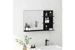 kleankin Specchio Bagno Moderno con 2 Ripiani Laterali e Ripiano Inferiore, Specchio da Parete in MDF e Vetro, 75x10x48 cm, Nero