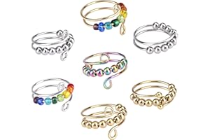 VIKY 7 Stück Verstellbare Anti Stress Ring, Linderung von Ängsten Anxiety Ring mit Perlen, Angst Spinning Ringe für Damen, Offener Spinner Fidget Ringe für Mädchen und Frauen
