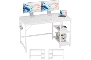 JOISCOPE Escritorio, Mesa para Ordenador, Mesa de Trabajo, Mesa Gaming con Gancho para Auriculares, 2 estantes, 120 x 60 cm, Mesa Blanca