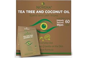 Noveha Salviette per palpebre e ciglia all'olio di cocco e tea tree per demodex, blefarite e prurito agli occhi, confezione da 60 singolate con aloe vera