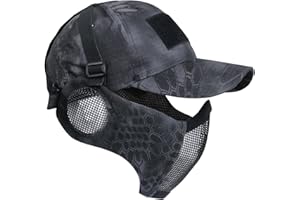 Yzpacc Airsoft Demi-masque et chapeau en maille d'acier avec protection des oreilles et casquette de baseball Masque de protection tactique pour CS Game BB Gun Paintball Chasse Tir