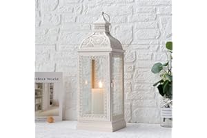 TRIROCKS Lanterna in Metallo Stile Rustico Grande Porta Candela Decorativo con Vetro Temperato per Ringraziamento Natale Soggiorno Giardino Patio Feste Interno Esterno (Crema)