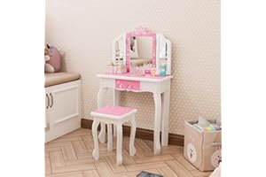 Bonnlo Schminktisch mit Hocker und Abnehmbarer Spiegel, Kindertisch mit Schublade für Mädchen ab 3 Jahren, Schneeflocken-Muster Rosa