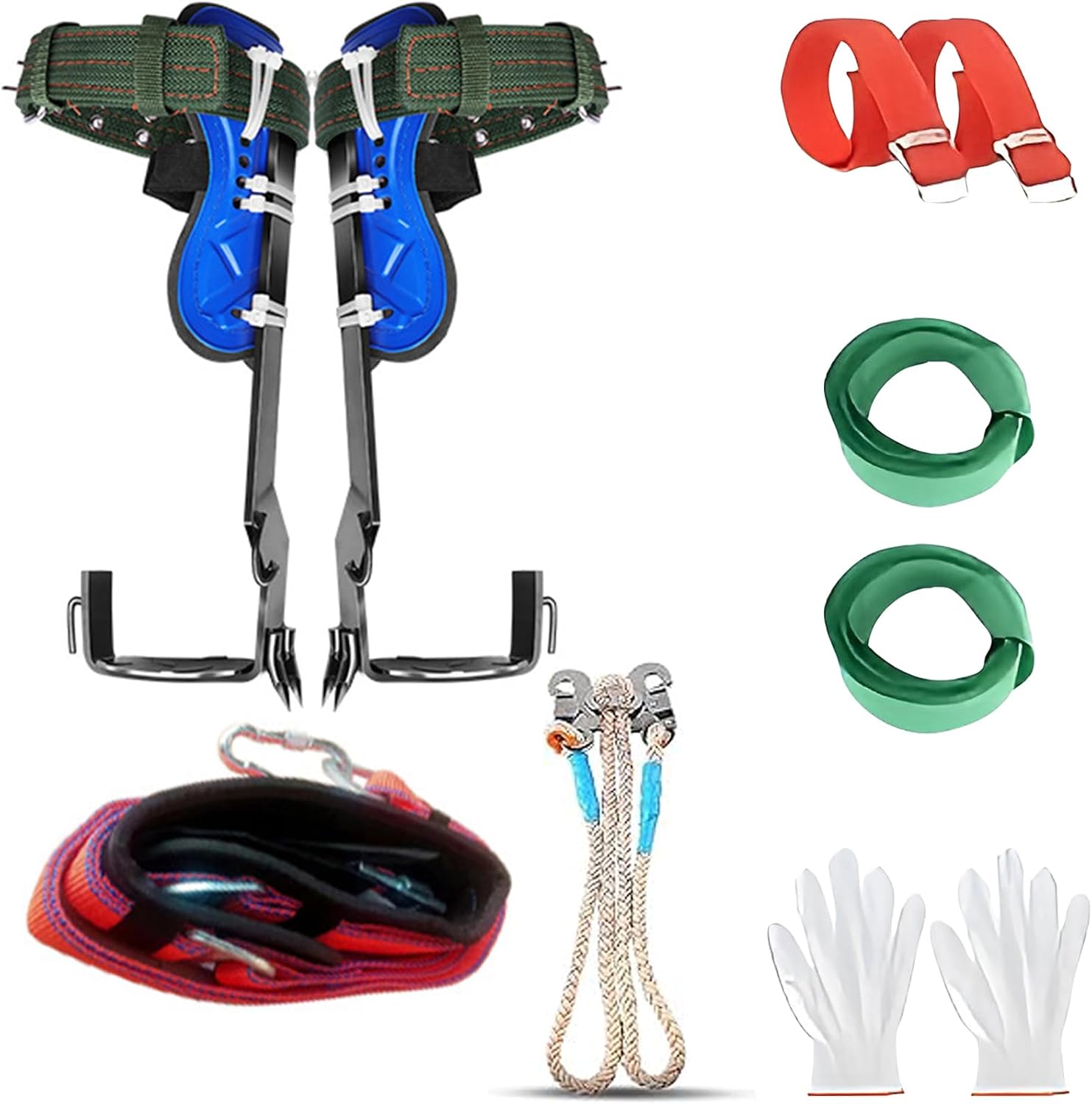 Equipo de Escalada de Árbol Profesional, Juego de Clavos y Garras Dobles de Acero Templado por Inducción, Puntas 5 Aristas con Canales de Sangre, Ajustable en Altura, con Cinturón de Seguridad