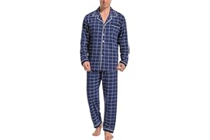 iClosam Pyjama Homme Hiver Coton 2 Pièces Pyjama Homme Long Chaud à Carreaux Ensemble de Pyjama Homme avec Bouton Vêtements de Nuit Homme à Rayé S-XXL