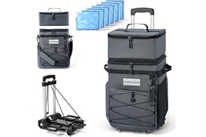 Odoland Sac Isotherme à roulettes Contient 48/72 Boîtes avec Packs de Glace, Double Couche, Fermeture Éclair Étanche, Chariot Glaciere à roulettes avec Poignée Pliable pour Camping Pique Nique