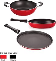Nirlon Non-Stick Aluminium Mini Cookware Set (Tawa, Fry Pan, Kadhai), Red
