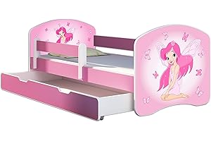 ‎ACMA Kinderbett Jugendbett mit einer Schublade und Matratze Rausfallschutz Rosa 70 x 140 80 x 160 80 x 180 ACMA II (07 Rosa Fee, 70 x 140 cm + Bettkasten)
