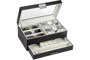 LANDICI Watch Box Organiser Jewellery box for Men Women, 2 Layer 6 Slot PU Leather Watch Storage Case with Glass Top, Large Jewelry Display Holder for Sunglasses Necklace Earring Ring (Black+Gray)