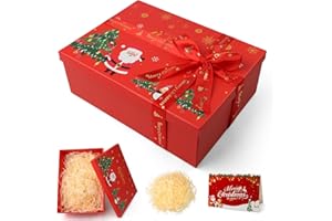 MIHURO Geschenkkarton Weihnachten mit Deckel 28,5 x 20,5 x 10 cm,Groß Geschenkbox mit Grußkarten Rot Bändern,Verdickt und Langlebig Geschenk Box, Geschenkkarton für Weihnachten Party Geschenke(Rot)