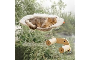 MEWOOFUN Amaca per gatti con 2 scale, letto senza fili con 3 ventose, amaca in legno larga 60 cm, per gatti da interni