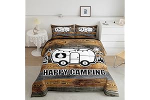 HOMEWISH Kinder Happy Camping Tröster Set 135 x 200 Camper Bettwäsche für Jungen Mädchen Teenager Schlafzimmerdekor Skizze Zeichnung Daunendecke rustikales Bauernhaus altes Scheunentor Steppdecken Holzstil