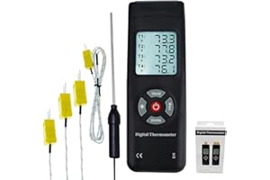 TEKCOPLUS Thermometer 4 Channels K-Type Thermocouple sensor tester with K-Type Metal & Bead Probe Backlight Temperature Instrument -50~1350°C (-58~2462°F) Max/Min/Avg reading Data Log Storage Recording Function