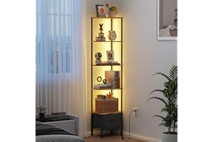 OYRREU Book Shelf with Drawer and LED Light, 5 Tier Tall Corner Shelf Unit, Bookcase for Living Room Bedroom, Narrow Shelving Unit with Fabric Drawer, Retro Brown