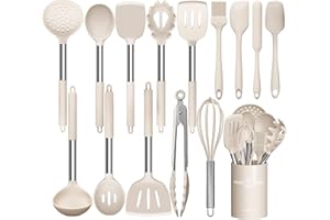 Umite Chef Küchenutensilien-Set, 15-teilig, Silikon, hitzebeständig, antihaftbeschichtet, BPA-frei, Edelstahl-Griff, Pfannenwender, Löffel, Zange, Schneebesen, Kochgeschirr