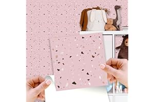 WALPLUS 24 PCS 15cm (6") Rose Pink & Metallic Silver Terrazzo Tile Stickers – Peel and Stick Self-Adhesive Wall Tiles for Kitchen Backsplash, Bathroom, and DIY Tile Makeover