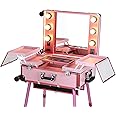 VIYA Professional Makeup Train Stand Case with Pro Studio Artist Trolley and Lights (Pink)
