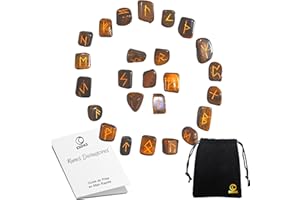 ESOAS RUNES DIVINATOIRES VIKING Œil de Tigre, Set x25 Pierres Polies Semi Précieuses Gravées Avec Sac. Idéal Pour Divination, Voyance et Magie. Alphabet Runique Futhark, Oracle de la Mythologie Nordique