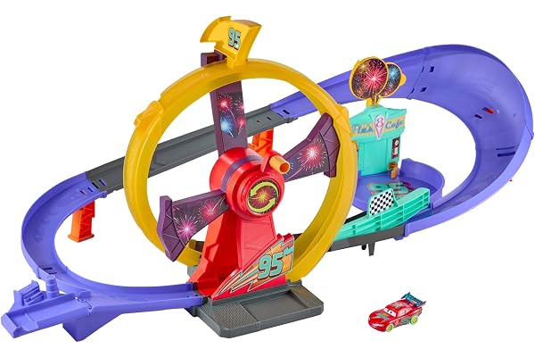 Mattel Disney och Pixar Bilar Race to Celebrate Celebration Raceway | Leksaksbana med lysande Flash McQueen, loop och uppdragen kicker, JMT57