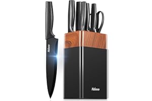 Knife Set, Yabano 7 Pieces Kitchen Knife Set with Universal PE Knife Block, Knife Block Set with Built-in Sharpener, Black Kitchen Knives for Chopping, Slicing, Dicing & Cutting