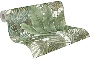 A.S. CRÉATION Livingwalls Carta da parati 396472 in verde, crema - Carta da parati con effetto giungla - Carta da parati floreale con foglie di palma - Carta da parati di alta qualità su 10,05m x 0,53m
