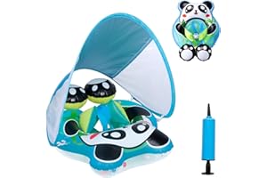 MIIDD Nadmuchiwany pływak dla niemowląt, pierścień do pływania dla niemowląt z bezpiecznym podparciem dna i chowanym baldachimem, nadmuchiwany pływak dla malucha z pompką (anda, 3-24 miesiące)