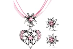 Patelai 3 Stück Trachtenschmuck Set Bayerisch Dirndlschmuck Trachtenkette mit Strass Edelweiß Herz Anhänger und Edelweiß Ohrstecker für Damen Bierfest Trachten Dirndl Outfit Accessoires