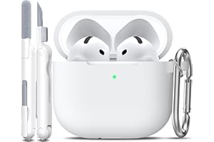 R-fun Custodia compatibile con Airpods 4th con kit di pulizia, custodia morbida in silicone con portachiavi, copertura protettiva completa compatibile con gli ultimi Airpods 4th di Apple,Bianco