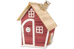 EXIT Toys Fantasia Lot de 100 cabanes de Jeu en Bois pour Enfants, avec cheminée, Montage Facile, 100% Bois de cèdre FSC, certifié TÜV, 128 x 108 x 171 cm, Rouge