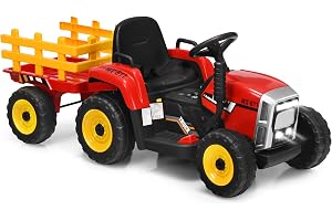 GOPLUS 12 V barnttraktor med släpvagn, 3 växlar, åktraktor, elektrisk med 2,4 G fjärrkontroll, elektriskt fordon med LED-ljus
