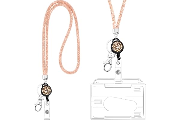 Cordon tour de cou avec strass - Porte-badge d’identification et porte-clés - Transparent et champagne doré