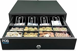 POS VALLEY - Cassetto in Ferro Cassa Portasoldi per Stampante Fiscale RT e Registratore di Cassa. Interno 4 Banconote / 8 Monete (euro) - Nero, Automatico, Struttura in Acciaio - 35x40x10cm