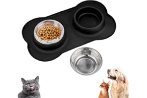 LIULIUSHUN Set di 2 Ciotole per Gatti e Cani, Ciotola per Gatti in Acciaio Inox, Ciotole Gatto, Ciotola Cani per Cibo Secco e Umido, con 1 Tappetino Antiscivolo in Silicone (33 x 20 cm)