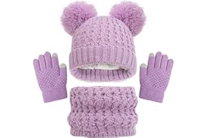 BAYNETIN Inverno Set di Cappello, Sciarpa e Guanti per Bambini, Pile Addensato Cappello a Maglia con Graziosi Pompon Termica Sciarpa Guanti Touch Screen Set per Ragazzi Ragazze 2-8 Anni