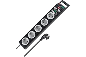 Brennenstuhl Super-Solid regleta de 5 enchufes con protección contra sobretensiones hasta 13.500A (Cable de 2,5m e Interruptor - de policarbonato a Prueba de roturas) Negro/Gris