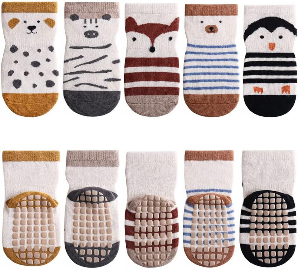 FedMois 5 Paires Chaussettes Antidérapantes en Coton Bébé Enfant Motif Animaux