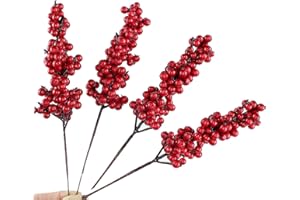 ASHUXXN 10 Corde Bacche di Agrifoglio Natale Mini Bacche Artificiali Rosse Falso Bacche Artificiali Rosse Ramo di Bacche di Natale con Fiori Artificiali Rossi per Decorazioni per matrimoni, casa e Natale 20cm