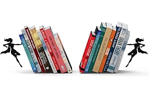 ARTORI DESIGN Unique Black Metal Decorative Bookends - Whimsical Hidden Book Ends for a Cool Book Holder Display - Cute Home Decor and Modern Gift Idea for Shelves Desk or Table (SuperGal - Set of 2)